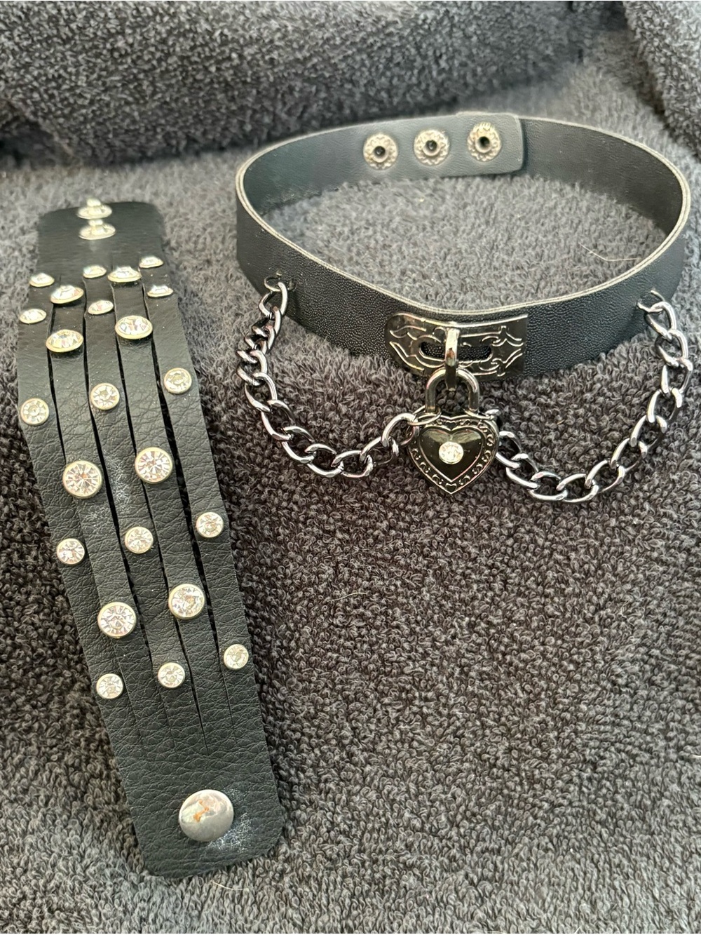 Punk-inspired Gothic Jewelry set: black faux-leather Choker & Matching Bracelet